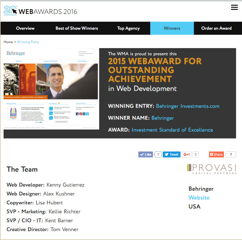 Investment Standard of Excellence 2015 - Web Marketing Association